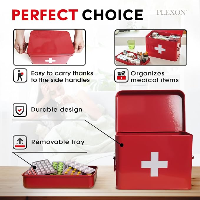 Plexon 8.5" Metal First Aid Box Empty, Medicine Storage Bin with Lid, Emergency Supplies Organizer, Portable First Aid Kit Case, Red