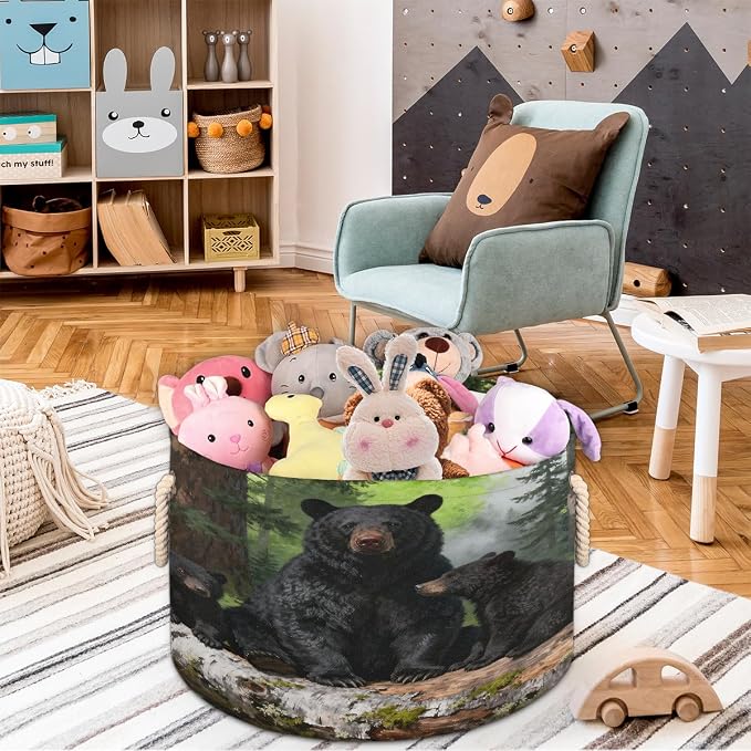 Large Storage Baskets - Black Bear Family Nursery Organizer Bin Box with Handles Collapsible Round Laundry Hamper for Kids Toys Pet Blanket, Bedroom Living Room Home Decor Gift Basket