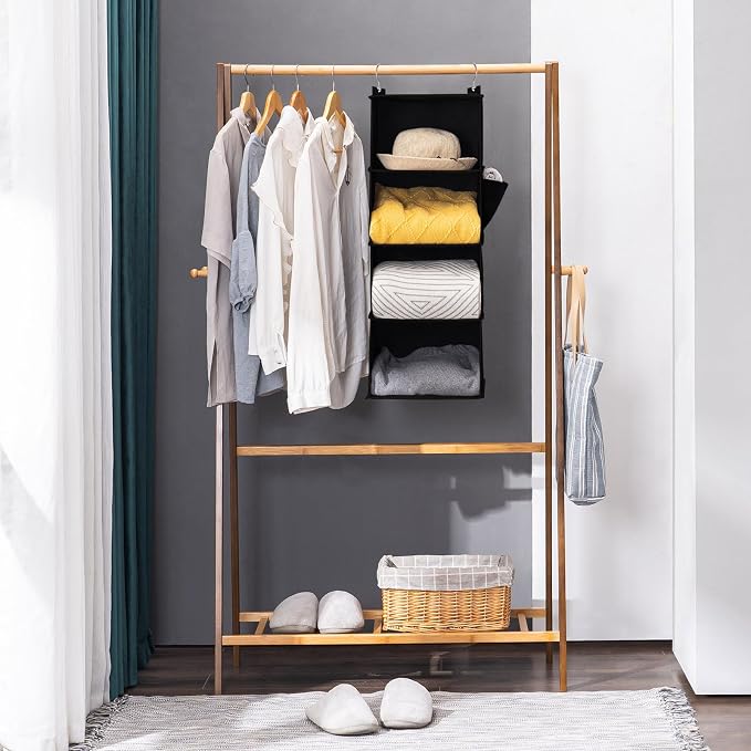 YOUDENOVA Hanging Closet Organizer and Storage for Clothes, 4-Shelf, Black | Locker/RV/Camper Organizer, Side Pocket, Hanging Shelves for Small Closet, Dorm Room Essentials for Guys, Breathable Fabric
