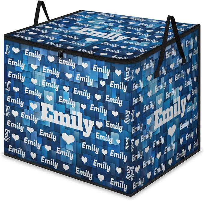 Personalized Storage Bags with Lid Large Blanket Clothes Blue Geometric Pattern Love Hearts Organization and Storage Containers for Comforters,Bedding, Foldable Organizer with Reinforced Handle