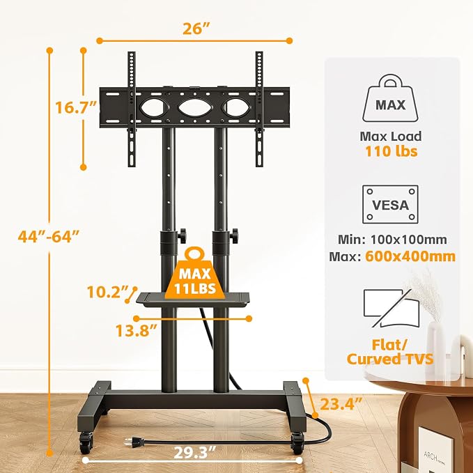 Heavy Duty Rolling TV Stand with Power Outlet for 32-83 Inch TVs | Height Adjustable Mobile TV Cart on Wheels Holds up to 110 lbs, Outdoor TV Stand Trolley, Max VESA 600x400mm