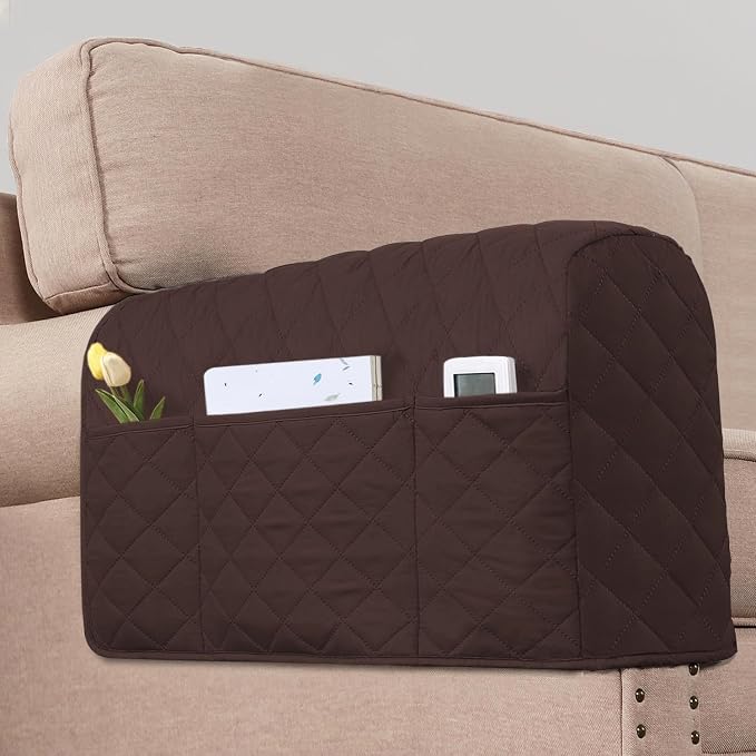 H.VERSAILTEX Water Resistant Couch Arm Covers for Sofa, 2 Pack, Brown/Beige | Waterproof Armchair Caddy, Couch Arm Covers Remote Control Holder Sofa Armrest Organizer for Magazine, Tablet, Phone, iPad