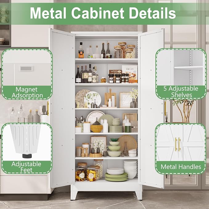 Ckzbx 75" H Metal Kitchen Pantry Storage Cabinet with Doors and Adjustable Shelves for Kitchen, Living Room, Dinning Room (White)