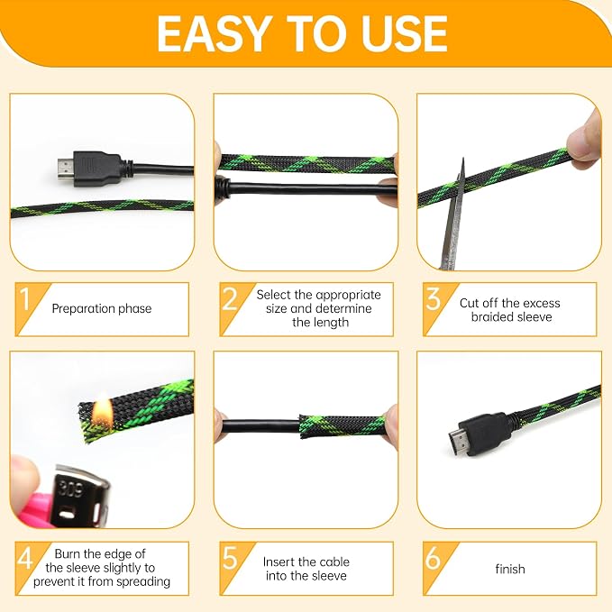 Braided Cable Sleeve, 33ft Expandable Wire Loom for Automotive Wiring Harness & PC Case, Pet-Proof Chew Resistant Cord Protector, Flexible Cable Management (Black-UV Green-UV Yellow, 25mm (1"))