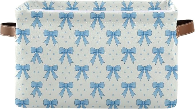 Wamika Blue Bow Storage Basket with Waterproof Liner and PU Handles Coquette Bowknot Storage Bins Boxes 14.2" Collapsible Decorative Organizer Baskets for Bedroom Closet Office 1 Pack