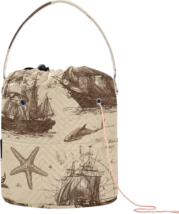 Tatenale Crochet Bag Yarn Bag Knitting Project Bag with Pockets and Handle Portable Yarn Storage Organizer Tangle Free 8.3x11 InchVintage Brown Sailing Ships Starfish Anchor31