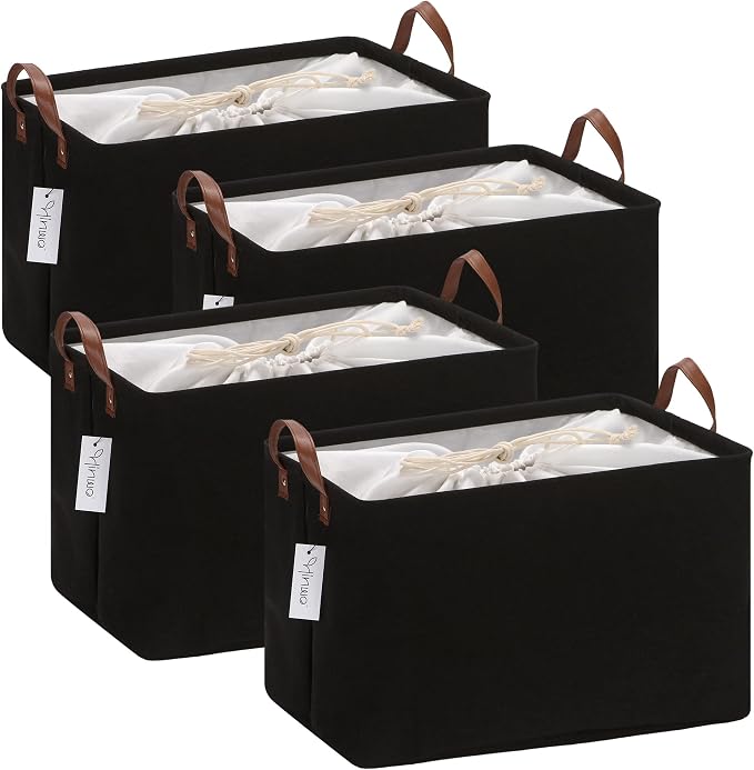 Hinwo 31L Large Canvas Storage Bin with Lid and Handles, 4-Pack | Collapsible Fabric Baskets, Closet Shelf Organizers, Containers for Clothing, Blankets, Toys, Bedding (Black)