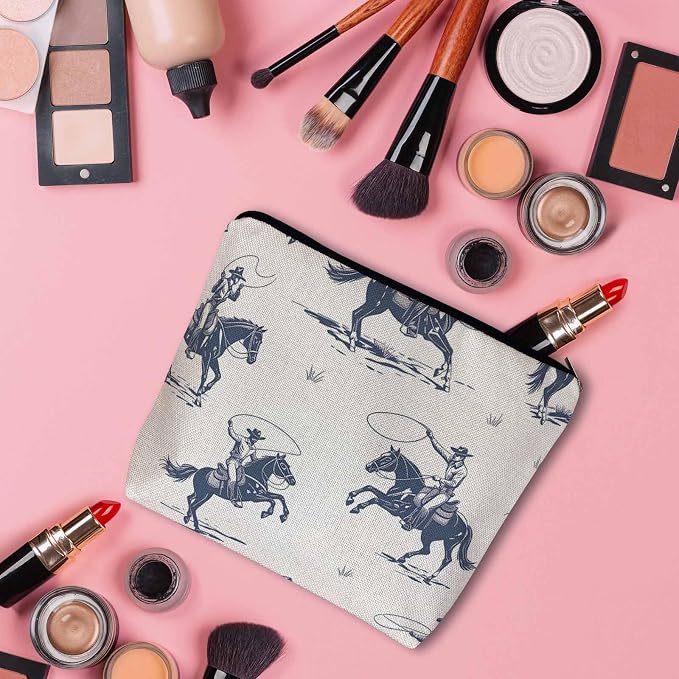 Women Cosmetic Bag Cowboy, American Western Cowboy Horse Riders Cute Makeup Bag For Purse Cosmetic Travel Bag For Toiletries Makeup Storage Bag Flax Skincare Bag Make Up Pouch Bags