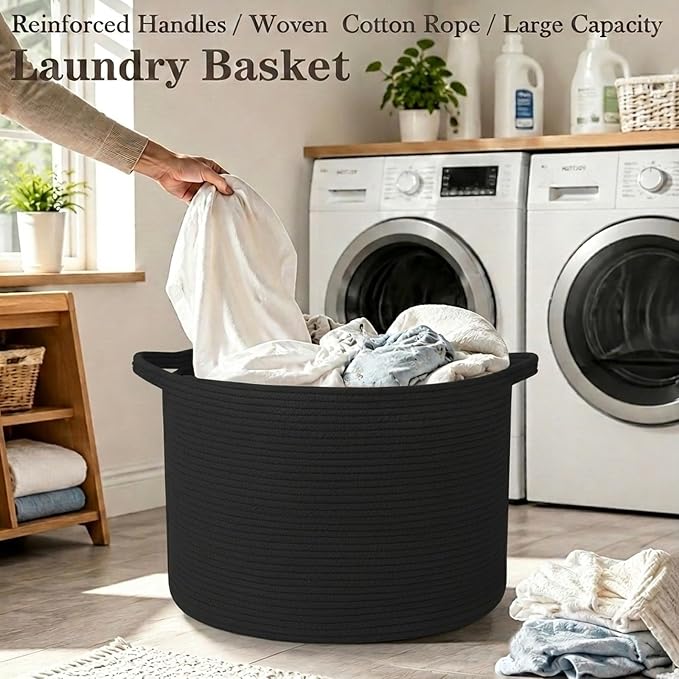 65L Large Blanket Basket,Woven Rope Laundry Basket-Black | Collapsible, reinforced handles, nursery storage bin organizes clothes, toys and pillows for living room, bedroom bathroom.