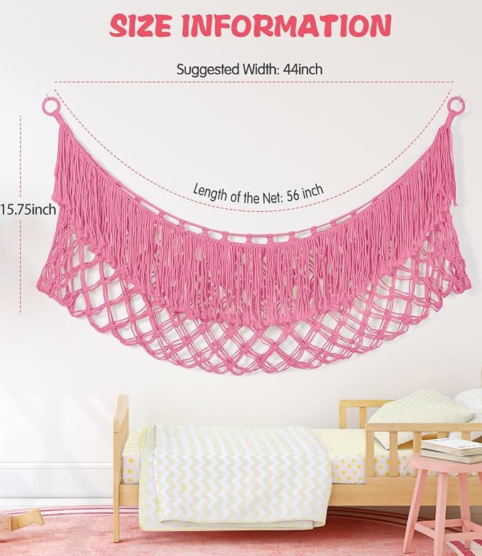 Stuffed Animal Hammock - Extra Large 56'' Long (Pink) | Premium Cotton Hand-knitted, Beautiful Long Tassel, Storage Hanging Organizer, Can Fit Stuffed Animals 30 Piece or More