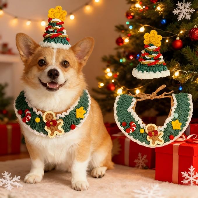 Christmas Dog Costume,Handmade Cat Holiday Outfit with Christmas Tree Hat & Gingerbread Man Scarf Set,Adjustable,Lightweight & Breathable Pet Accessories for Rabbit Xmas Party & Photos