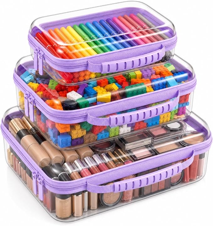 Clear Hard Shell Zipper Case 3PCS Set, 1.2mm PET Travel Organizer | Deep waterproof stackable storage pouches with handle. Heavy duty clear zipper bags for travel, makeup, toys and snacks