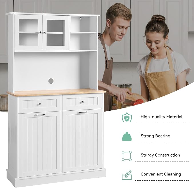 LOUVIXA 68.4" Kitchen Pantry Storage Cabinet, Freestanding Cupboard with Shelf, 2 Drawers and 1 Tilt Out Trash Cabinet, Tall Cabinets for Kitchen, Dinning Room, Living Room (White, Double Tilt)