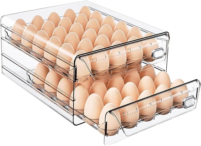 HIYOHIYO Clear 60 Grid Egg Organizer for Refrigerator with Drawers, 2-Tier | Large Capacity with Time Scale Marking | Sturdy Egg Storage for Fridge | Stackable Eggs Container for Fridge and Countertop
