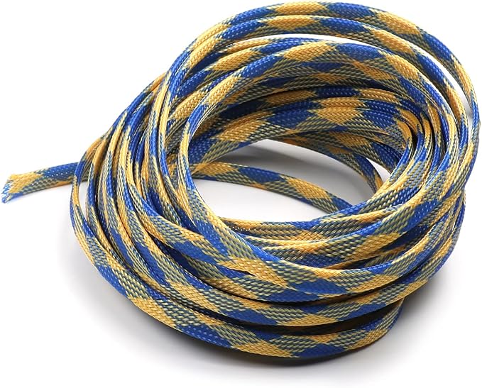 Jutagoss PET Expandable Braided Cable Sleeve, 32.8ft - 5/16 inch Blue Yellow Cable Management Sleeve, Wire Loom Tube Cord Protector for USB Cable, Power Cord, Audio Video and More, 1Pc
