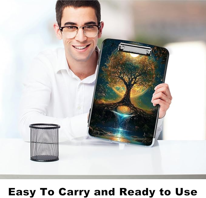 A4 Clipboard with Storage Pen Holder, Clipboards Organizer Nursing Clipboard Foldable File Folder Plastic Clipboard Folio Clip Board for Office Work Classroom Doctor, Moon Orange Tree