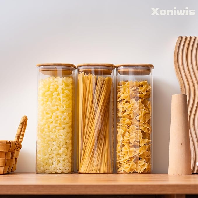 3-Pack 2.2Qt Square Glass Spaghetti Jars with Bamboo Lids | Minimalist Kitchen Organizer,Scandinavian Style Storage,Nordic Style Storage,Food Storage Canister for Pasta, Penne, Macaroni