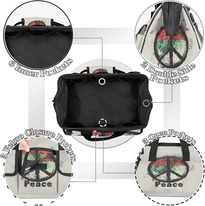Peace Sign Heavy Duty Tool Bag 14.8 Inch Peace Symbol Portable Soft Tool Box Organizer Storage with Adjustable Shoulder Strap