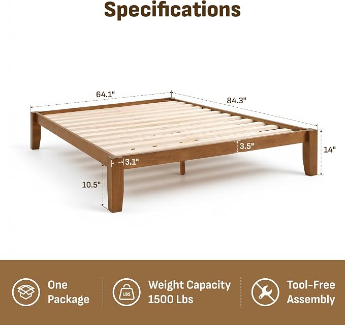 Softa Mikor Queen Japanese Joinery Bed Frame, Solid Rubberwood, 1500 Lbs Heavy Duty Slats Support, SGS Certified, 15-Min No-Tool Assembly, Noise-Free, Under-Bed Storage, No Box Spring Needed