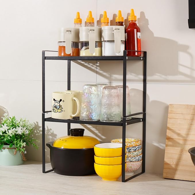 MiaLi Cabinet Organizer Shelf, Set of 2 Metal Counter Shelves Spice Rack, Stackable Kitchen Bathroom Organizers and Storage, Black