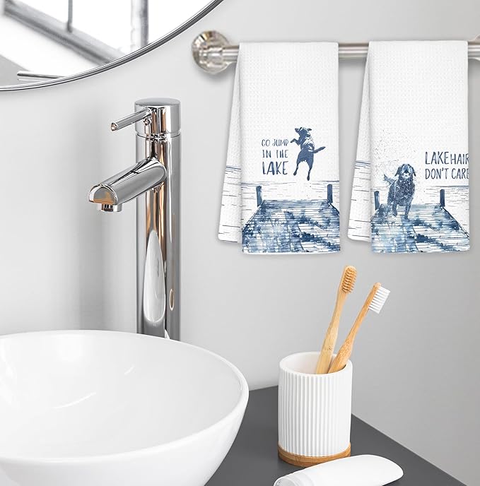 Lake House Decor Dish Towels,Lake House Gifts Funny Dog Kitchen Decorative,Dog Lover Mom Gifts Hand Towels Drying Cloth for Kitchen Bathroom Decor,16x24 Inch Set of 2