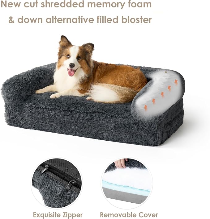 EHEYCIGA Foldable XXL Dog Bed for Large Sized Dog - 54x38x7.5, Dark Grey | Faux Fur Fluffy Pet Couch Bed, Orthopedic Calming Memory Foam Big Pet Bed, Washable Pet Sofa Bed with Non-Slip Bottom