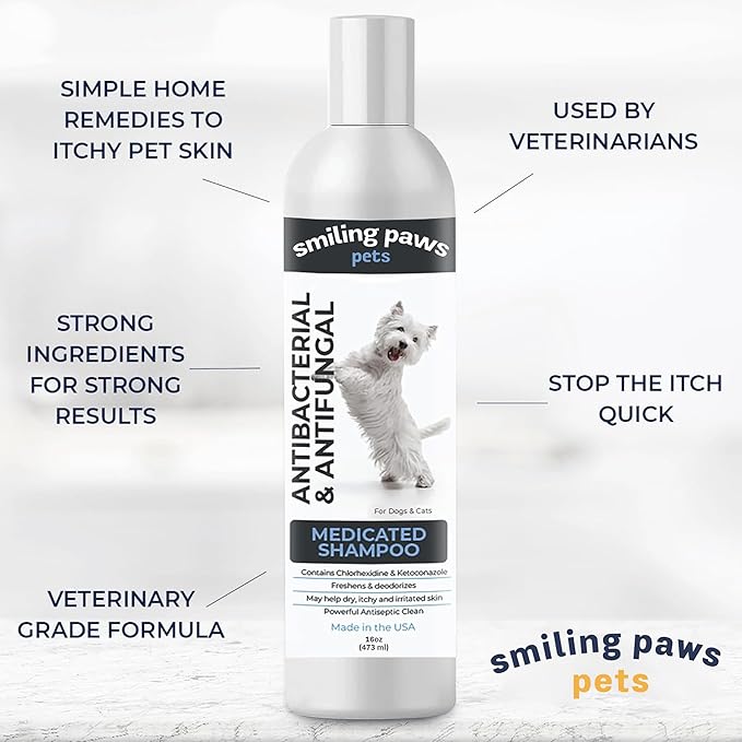 Smiling Paws Pet Medicated Shampoo for Dogs & Cats - Dog Shampoo for Smelly Dogs - Passionfruit Scent (16oz)