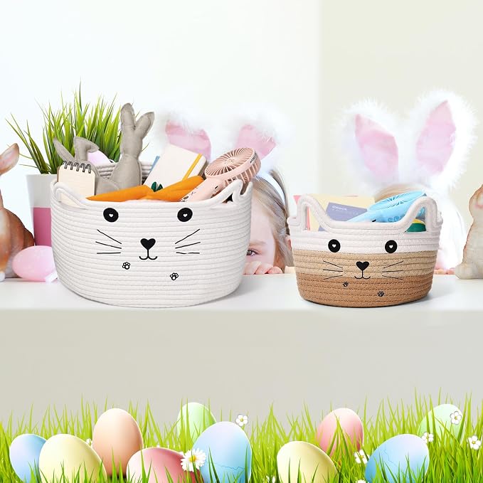 Zopeal Cat Woven Gift Basket Storage,8.3 x 4.7 Inch,Tan Gradient | Cute Cotton Rope Organizer with Handles for Toy Box, Nursery Decor, Decorative Bin, Pet Supplies Holder, Desk Storage