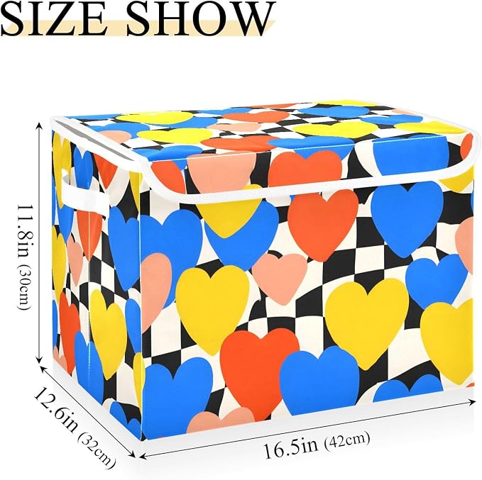 Heart Check Fabric Storage Bins with Lids Closet Bedroom 40L Storage Basket | Decorative Storage Boxes, Foldable & Stackable, Dust-Proof Flip Top, Reinforced Handles, For Home & Dorm, Clothes & Toy Box