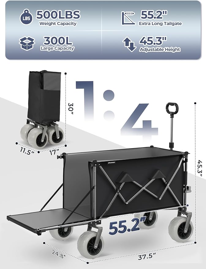 Heavy Duty Beach Wagon with 58" Expandable Tailgate, 300L, for Sand | 500 lbs Capacity, 9"x4" All-Terrain PU Wheels with Brakes, Quick Fold Utility Wagon for Camping, Sports & Grocery