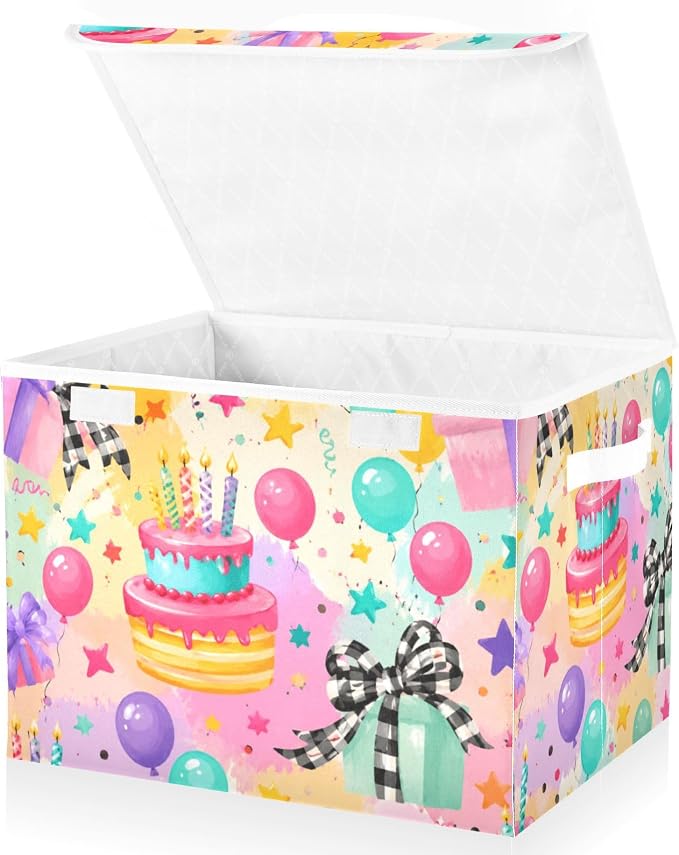 Birthday Cake Fabric Storage Bins with Lid Closet Storage Basket | Foldable & Stackable, Flip Top Dust Guard, Reinforced Handles, Home & Bedroom, Clothes & Toys, Oxford Print Basket