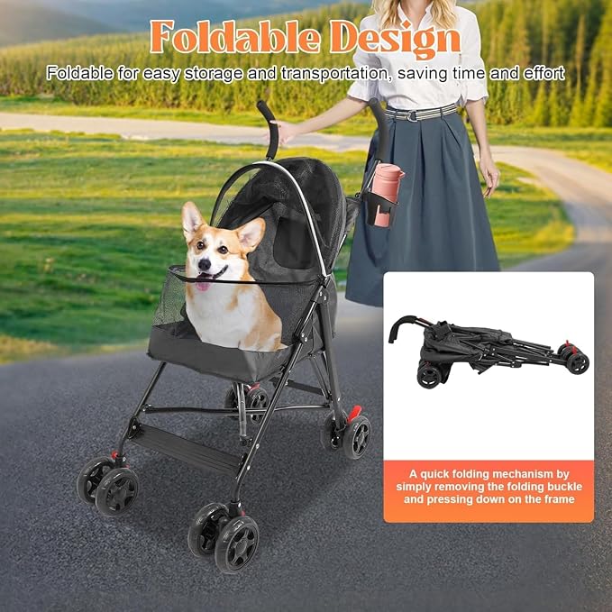 Pet Stroller for Small Medium Dogs Up to 22lbs, 4 Wheels Folding Pet Carriage Cart for Dogs Cats, Portable Cat Puppy Jogging Stroller with Rear Pocket and Cup Holder (Black)