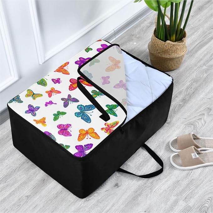 Comforter Storage Bags Large Folding Blanket Organizer Bag with Strong Handles Clear Window Closet Storage Containers for Clothes King Queen Pillows Bedding Quilt Duvet Bright Color Butterfly