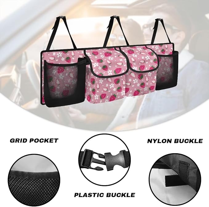 Dreaweet Strawberry Trunk Organizer for Car Women Cute Car Storage Accessories Interior Car Trunk Organizer Back Seat Hanging Storage with 4 Large Pockets,Hanging Trunk Organizer for SUV Car Sedan