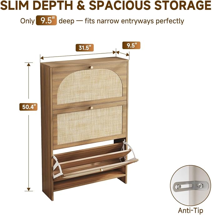 Shoe Storage Cabinet for Entryway, Slim Arched Rattan Accent Shoe Cabinet with 3 Flip Drawers & 3-Tier Adjustable Shelves, Modern Boho Shoe Storage Cabinet, Narrow Shoe Rack for Small Spaces