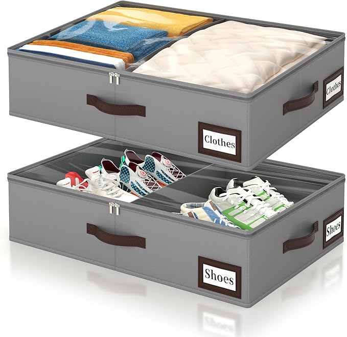 OIAHOMY 2 Pack 38L Under Bed Storage with Adjustable Dividers, 6" Low Profile Underbed Storage Bins for Comforters & Clothes, Save Closet Space with Clear View Lid & Reinforced Handles, Grey