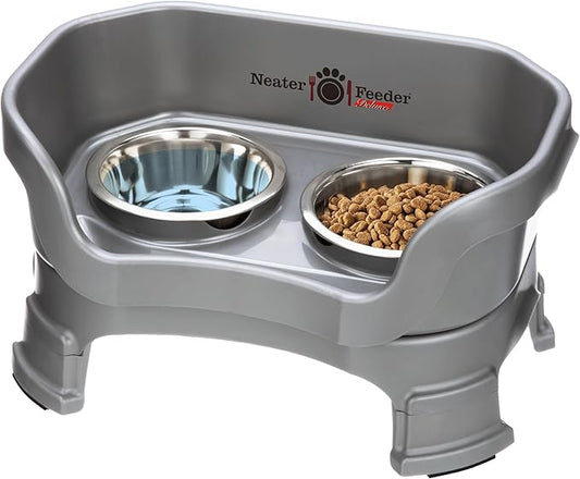Neater Feeder Deluxe Mess-Proof Elevated Cat Bowls, 2 Height Adjustable (6” & 7.5”) No-Spill Raised Cat Bowl Stand, Whisker Friendly Stainless Steel Dishes for Indoor Cats, Made in USA, Gunmetal