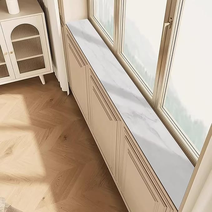 Cut-to-fit Narrow Window Sill Mat,Absorbent Window Sill Cushion Pad Non-Slip Backing,Customizable Decorative Window Sill Protector Cover for Dog Cat Pets(86.6" L x 27.5" W, White Marble)