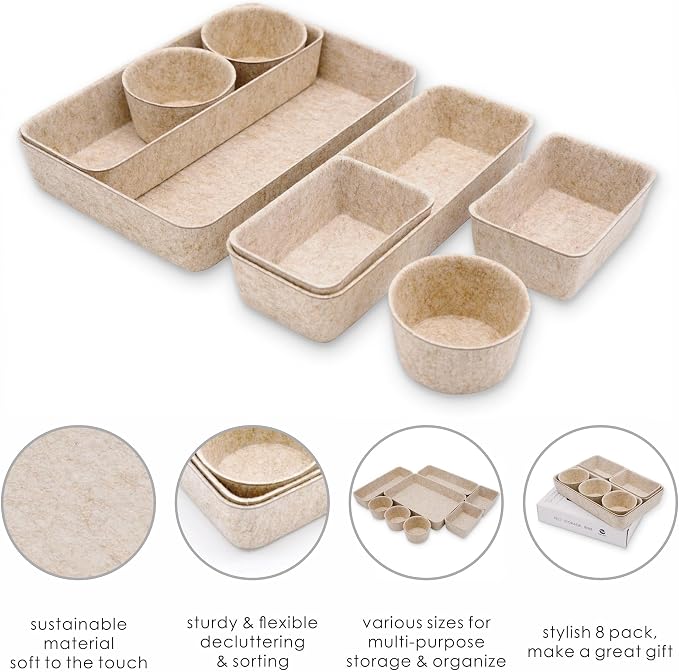 Welaxy Office Desk Drawer Organizer Tray hygge aesthetics 8 pc bin Oatmeal
