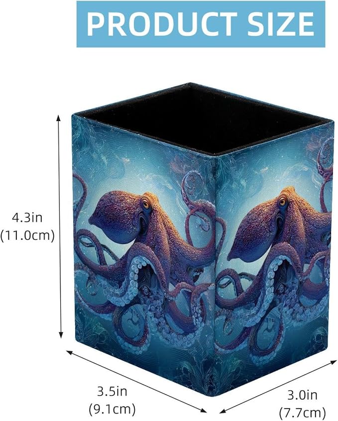 octopus Pen Holder for Desk Decor, Rectangular PVC Leather Pencil Cup for Desk Pen Organizer, Makeup Brush Holder for School, Home, Office
