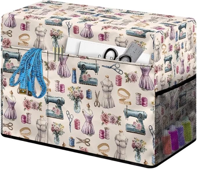 Sewing Print Design Sewing Machine Cover,Duty Protective Dust Cover with Storage Pockets for Most Standard Singer & Brother Sewing Machines and Accessories