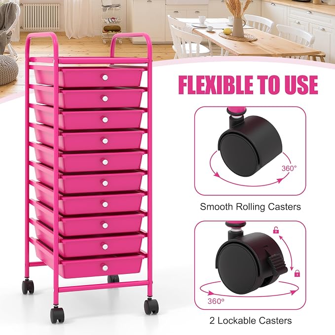 10 Drawer Rolling Storage Cart, Organization Cart on Drawers for Craft Makeup Paper Tool Art Supply, Versatile Utility Cart on Wheels for Home Office Classroom School (Hot Pink)