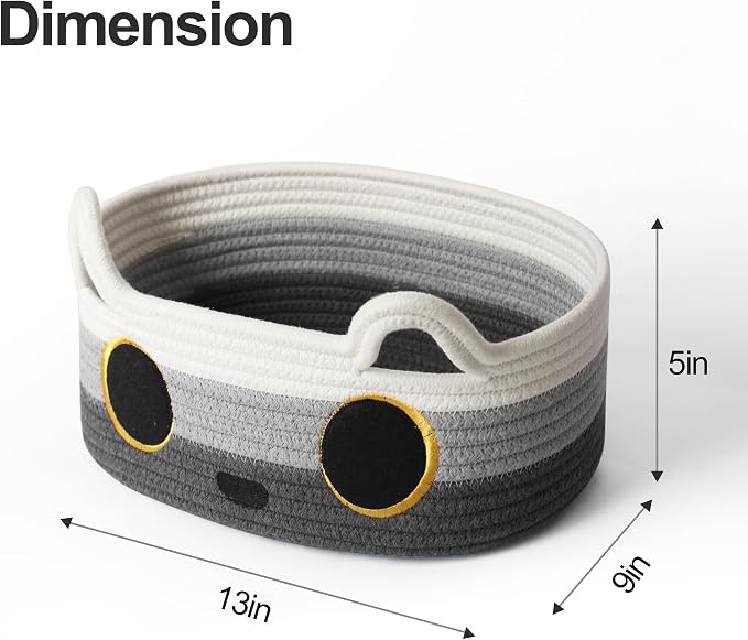 Cat Toy Basket, Small Woven Cat Toy Storage Box with Cute Ear Handle Indoor, Cotton Rope Storage Bin with Embroidered Face for Home Decor, Pet Bed, Nursery Kids Room Organization, 3-tone Gray