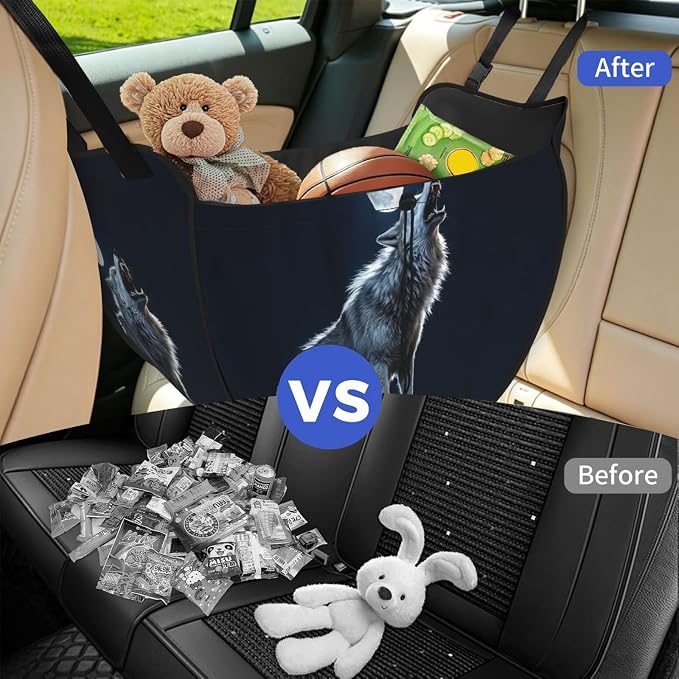 Wolf Howl Car Seat Organizer-Backseat Storage Bag for Travel | Waterproof Durable. Holds Snacks Gear Essentials. Fits Most Cars.