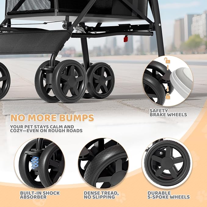 Magshion Compact Fold Pet Travel Stroller for Small Dogs Cats, Black | Up to 22lbs, 4-Wheel Lightweight Umbrella Shaped Design, Safety Tethers, Breathable Mesh, Cup Holder & Rear Storage