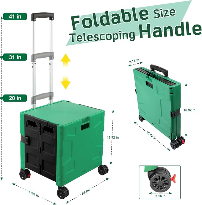 FELICON Folding Utility Cart Rolling Crate Handcart Basket-Dark Green+Black | Collapsible Hidden Lid,Plastic Box,Telescoping Handle,4 Rotate Wheels for Travel Shop Move Grocery Laundry Office Teacher Use