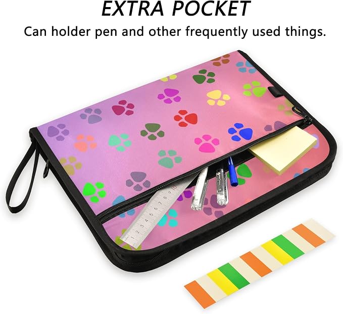 13 Pocket Zipper Expanding File Folder A4 Dog Paw Print Colorful | Accordion File Organizer with Front Pouch A4 Letter Size Portable Folders for Documents Receipt School Office Supplies