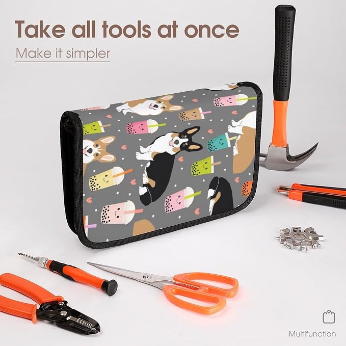 Cute Corgi Pet And Milk Tea Tool Bag Utility Bag Zipper Pouch Portable Small Tool Bags Handheld Screwdriver Pouch Tool Kits Organizer for Travel Home & Workshop Daily Use