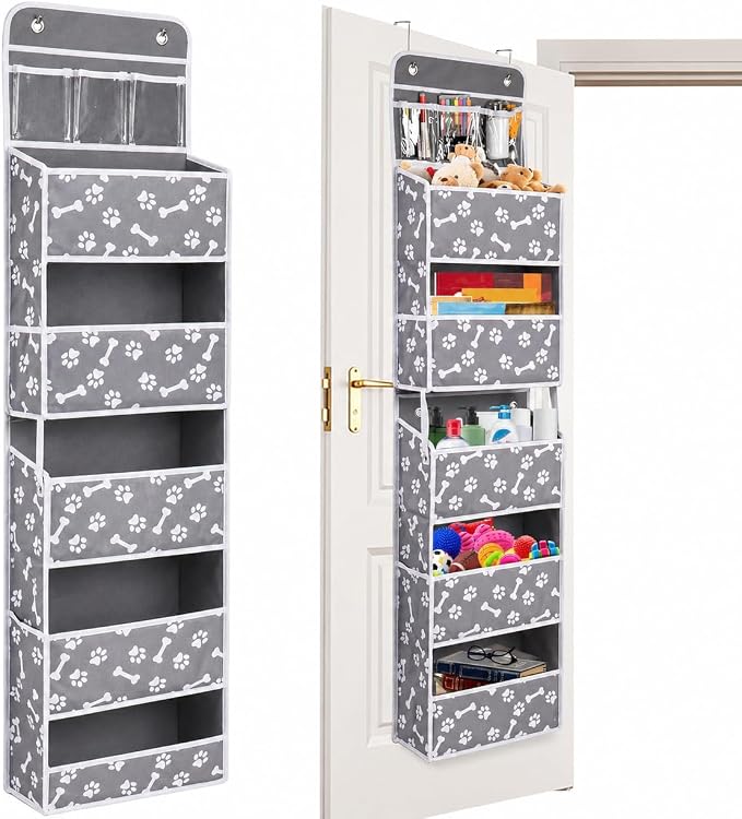 Dog Toy Basket,5-Shelf Hanging Organizer for Dog Toys,Over Door Basket for Dogs with 2 Metal Hooks,5 Pockets Organizer for Dog Leash Harness Toys Treats-62.5''(height)-Bone Claw Print