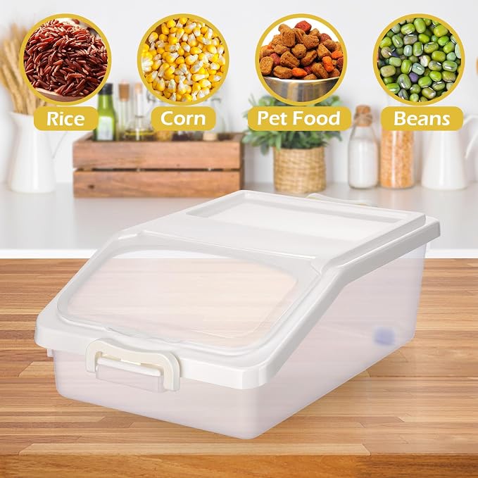 Blushtier 3 Pcs Rice Storage Container 11 lb Airtight Flour Container with Wheels Measuring Cup Clear Pet Food Dog Cat Birds Food Bin Grain Cereal Organizer Box for Dry Baking Supplies (White)